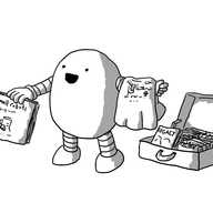 An ovoid robot with banded arms and legs, holding out a small robots book in one hand while a Unicornbot t-shirt is draped over its other arm. The robot is shouting something while beside it on the ground is an open suitcase full of copies of the novel Legacy by Thomas Heasman-Hunt.
