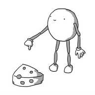 A round robot with long, jointed limbs, pointing proudly at a wedge of Swiss cheese.