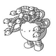 An angry, spherical robot with banded legs. Its head is crowned with thirteen (visible) robotic snakes on long, banded necks, all arching upwards and sticking their tongues out at whatever the target of the Gorgonbot's ire is.