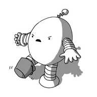 An ovoid robot with banded arms and legs and a zig-zag antenna. One of its feet is stuck in a bucket and its shaking its leg angrily, trying to dislodge it.