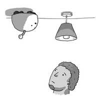 A round-topped, wheeled robot rolls along the ceiling towards a hanging lamp while a person watches from below with an expression of mild dismay.