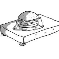 A low, flat, cuboid robot with four wheels at each corner and a burger on its top.