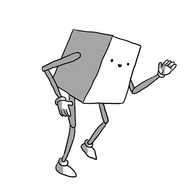 A smiling, cuboid robot with jointed arms and legs, midway through the distinctive motions of the robot dance, one foot raised as its arms move stiffly at angles, palms and fingers held in flat blades.