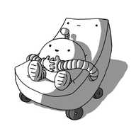 A robot in the form of a sort of single-piece concave chair with four little wheels on the bottom and banded arms on either side. Its face is at the top end. A Mondaybot (or possibly a Fridaybot) is sitting in it, held in place by the Carrybot's arms and its fingers which are laced across its passenger's middle.