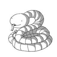 A robot snake. Its head is a smooth ovoid with a curved mouth bisecting its front from which protrudes a long, forked tongue. Its body is one long, banded small robot limb, coiled into a spiral. A small bobble is attached to the tip of its tail, which languishes beside it.