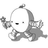 A spherical robot with banded arms and legs and a coiled antenna, skipping along and beaming as it holds a pink flower in one hand.