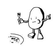 An elongated, round robot frowning as it chews a mouthful of something. It holds a finger in the air and has a fork in the other hand. It stands beside a plate of partially-eaten food.