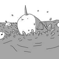 An ovoid robot with hinged flippers on its sides and a banded horn on its head bursts through the surface of the sea, surprising three Bobbots, who reel backwards with expressions of shock, fear and dismay. For its part, Narwhalbot seems perfectly happy, sticking out its tounge.