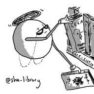 A spherical robot held aloft by a propeller on its top, peering over a pair of glasses held on by a chain as it retrieves books from a shelf with its long, jointed arms.