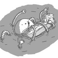 A massive, domed robot, partially submerged. Eight long, bandes arms snake in and out of the water in various directions, and a number have ensnared a large cargo ship. The robot is smiling cheerfully.