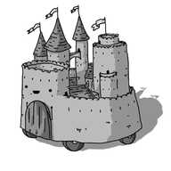 A robot in the form of a wheeled stone castle. It has a raised drawbridge on a rounded gatehouse which features its smiling face, a high, encircling wall, a second turret and a number of tall towers with conical roofs, two of which are connected by a slim walkway. A number of other buildings with tiled roofs cluster within the walls, and long flags fly from several turrets and towers.