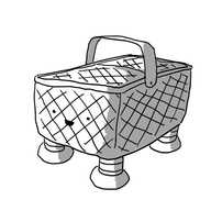 A robot in the form of a traditional wicker picnic basket with a handle and two flaps on the top. It has cheerful face on one of the shorter sides and four banded legs on its base.