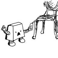 A flattish trapezoid robot with an angry, yelling face, holding a price tag labelled £50 that is attached to an antique dining chair.