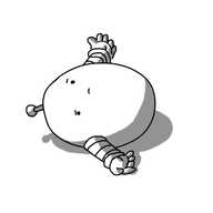 An ovoid robot with banded arms and an antenna but no legs. It's lying on its side on the ground and looks a bit perplexed about the situation.