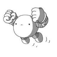 An angry, spherical robot with banded arms and legs. It's leaping through the air with its overlarge fists clenched ahead of it.