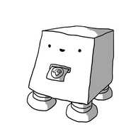 A cuboid robot with an angled front supported by four sturdy banded legs. A slot below its smiling face is issuing a  piece of paper with a round adhesive sticker attached, depicting a 'thumbs up' symbol.