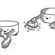 Two squat, cylindrical robots with little wheels on the bottom. One is wielding a broom and the other a soapy sponge, both quite cheerfully.