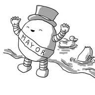 A round robot with banded arms and legs, wearing a sash that reads 'MAYOR' and a shiny top hat. It's waving with both hands and smiling with its eyes closed beside a body of water which contains two ducks.