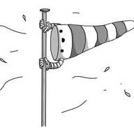 A robot in the form of a striped windsock, holding onto a pole with its banded arms and being blown sideways. Wind gusts around it, buffeting leaves through the air, but it seems really happy about the situation.