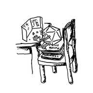 a robot shaped like a 20-sided dice, sitting at a table with a folded screen in front of it and some dice near its hands. the robot is propped up on its chair by a stack of D&D rulebooks.