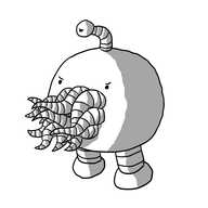 A round robot with short, banded legs. It has an angry expression and its face is a mass of writhing, banded tentacles, while an antenna sports a third angry eye that stares balefully out.