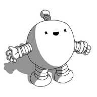 A happy, spherical robot with banded arms and legs and a coiled antenna. It's holding its hands out and looking up, smiling.