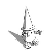 A conical robot wearing a tall, pointy hat. It has banded arms and legs, is pointing with both hands and it's wearing shoes with curled points.