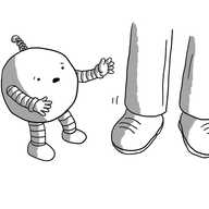 A spherical robot with banded arms and legs and a spiral antenna holding out its hands to a person's legs that are wobbling unsteadily. It has an expression of alarm on its face.