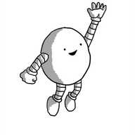 A round robot jumping into the air with its hand raised and a big smile on its face.