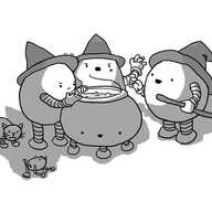 Three robots in witch hats standing around a robot cauldron with legs. One is looking into the glowing contents with a malevolent smile, one (with a wart) is raising its hands, speaking some sort of spell, and one is holding a broomstick. In the shadows at their feet, a Cattobot stalks an oblivious Frogbot.