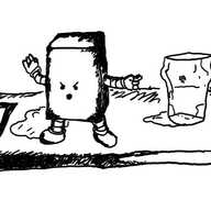 a cuboid robot with banded arns and legs stands on the top of a grubby bar holding up one hand and pointing with the other. its expression is annoyed with its mouth open mid-shout.
