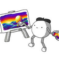 A spherical robot with jointed arms and legs, wearing a beret and holding a paintbrush and pallette. It's painting at an easel, and its canvas has the Bigbot at Sunset picture on it.