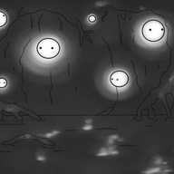 A scene depicting a dark stretch of water with trees overhanging it, their gnarled roots partially immersed, with films of moss and other vegetation hanging down from the boughs above. Here and there are seven spherical robots with eyes (yes, one is asleep) floating at different elevations and depths, all emitting a pale glow which is reflecting off the water and some of the nearby trees.