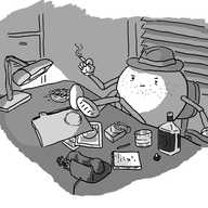 A spherical robot with jointed limbs, stubble, wearing a trilby and sitting with its feet crossed on a desk filled with detective noir paraphernalia - whisky, cigarettes and an ashtray, files and a notebook. Illuminated by an anglepoise lamp, the robot looks weary and cynical and is opening its desk drawer as it smokes a cigarette.