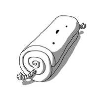 A robot in the form of a flexible rectangle rolled into a cylinder. Its face, upside down, is on the top fold, smiling, and its banded arms are flailing at the sides.